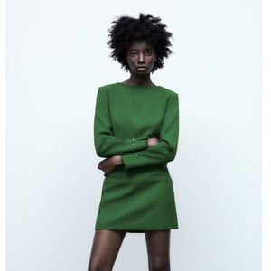 Green Zara round neck tailored long sleeve mini dress